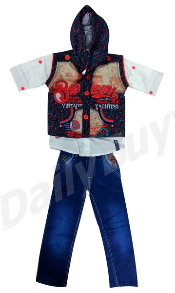 Red Blue Design Hooded Shirt And Jeans Boys Clothing