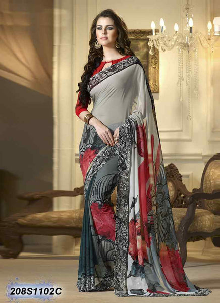 Black Grey & Red Georgette Sarees