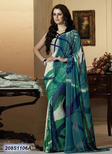 Off White,Green & Navy blue Georgette Sarees
