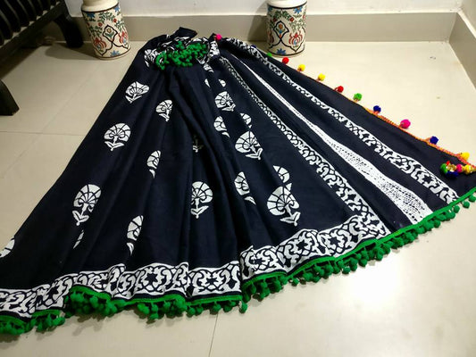 Blue Bagru Printed Pure Cotton Sarees - Dailybuyys