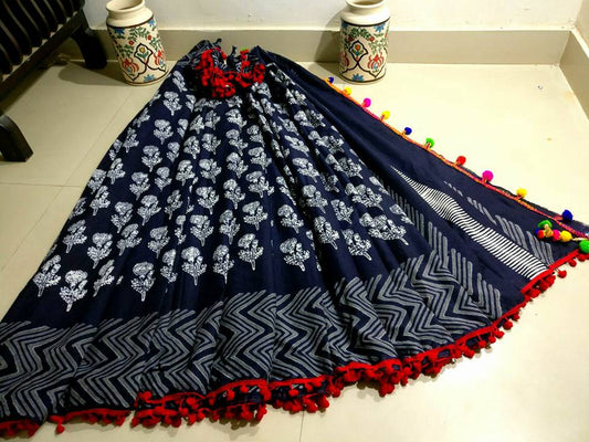 Blue Bagru Printed Pure Cotton Sarees - Dailybuyys