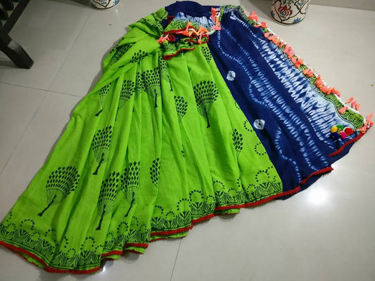 Green Blue Bagru Printed Pure Cotton Sarees - Dailybuyys