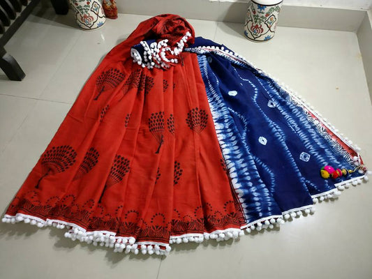 Red Bagru Printed Pure Cotton Sarees - Dailybuyys
