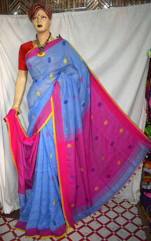 Blue Pink Pure Linen Sarees