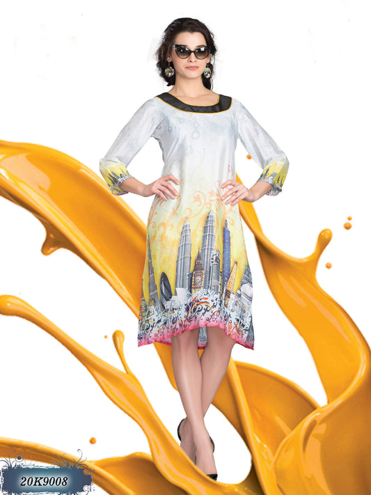 New White Satin Stitched Digital Print Front & Back kurtis