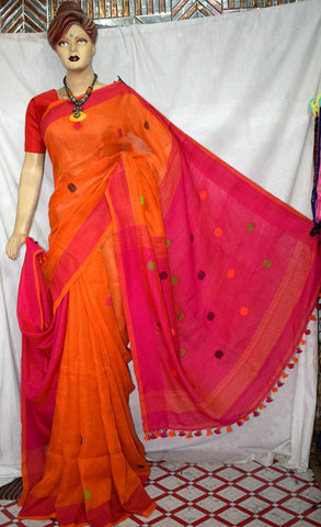 Pink Orange Pure Linen Sarees