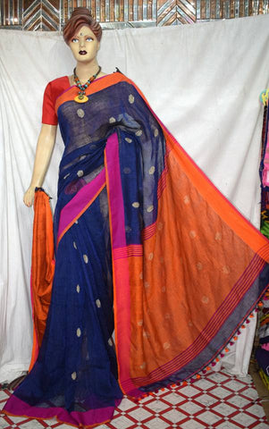 Blue Orange Pure Linen Sarees