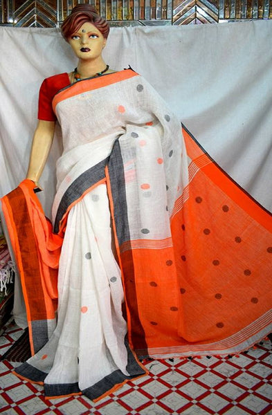 White Orange Pure Linen Sarees