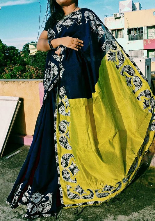 Blue Yellow Bengal Handloom Silk Sarees - Dailybuyys