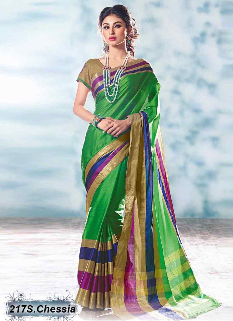 Parrot Green & Beige Modal Pure Cotton Gota Sarees