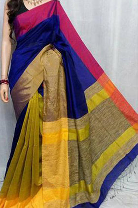 Yellow & Blue ,Multi Mahapar Pure Cotton Silk - Dailybuyys