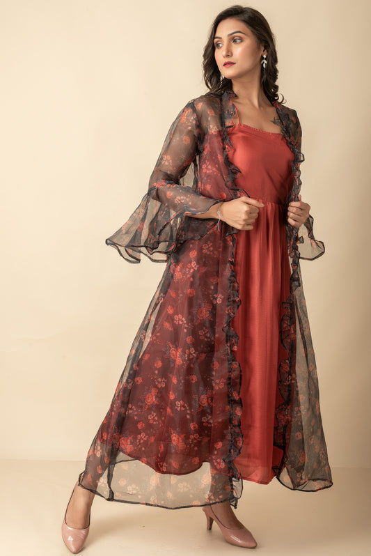 Rust Silk dress with organza digital printed Red Imported Long Indo Western Kurtis  wear jacket dress set