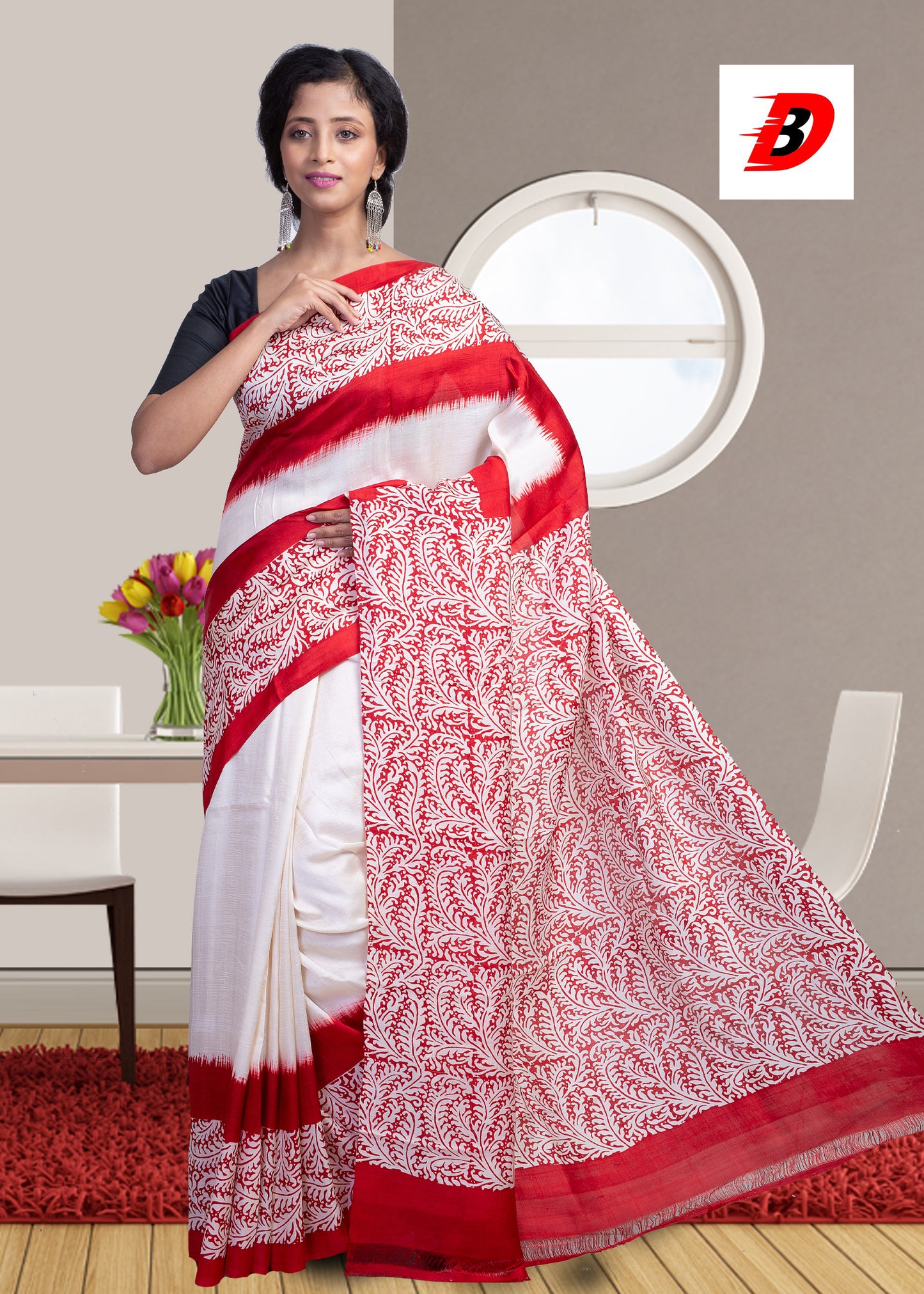 Red Block Printed Pure Silk Mark Certified Bishnupuri Silk Sarees