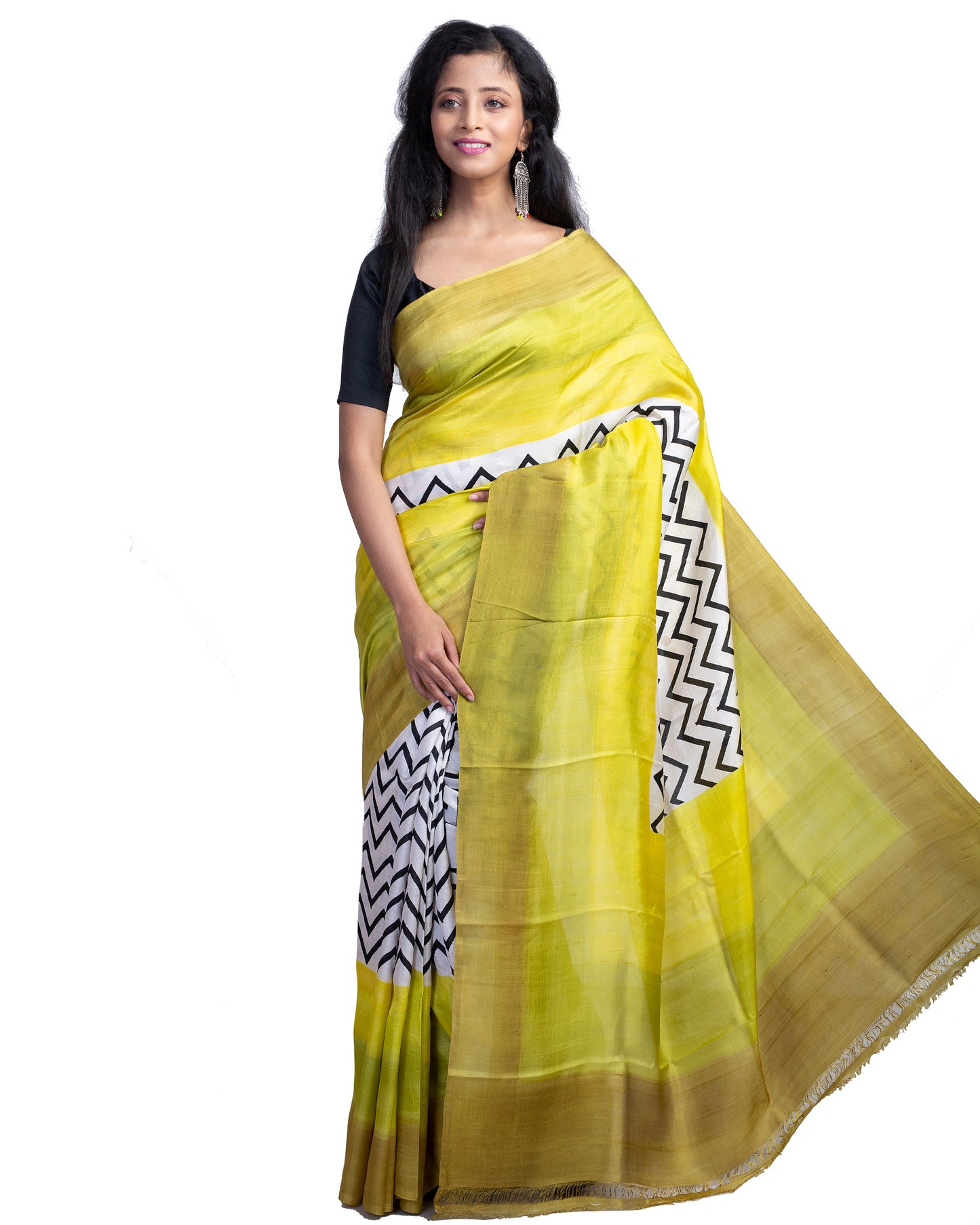 Yellow Block Printed Pure Silk Mark Certified Bishnupuri Silk Sarees