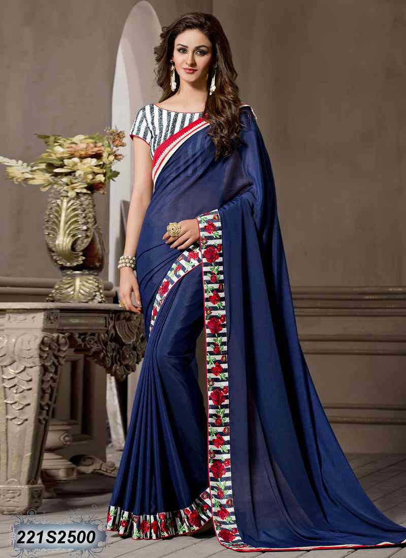 Navy Blue & White Georgette Sarees