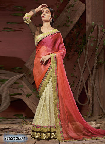 Pink,Orange & Beige Net Sarees