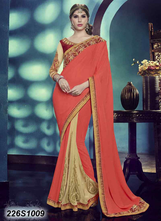 Peach & Beige Net Sarees