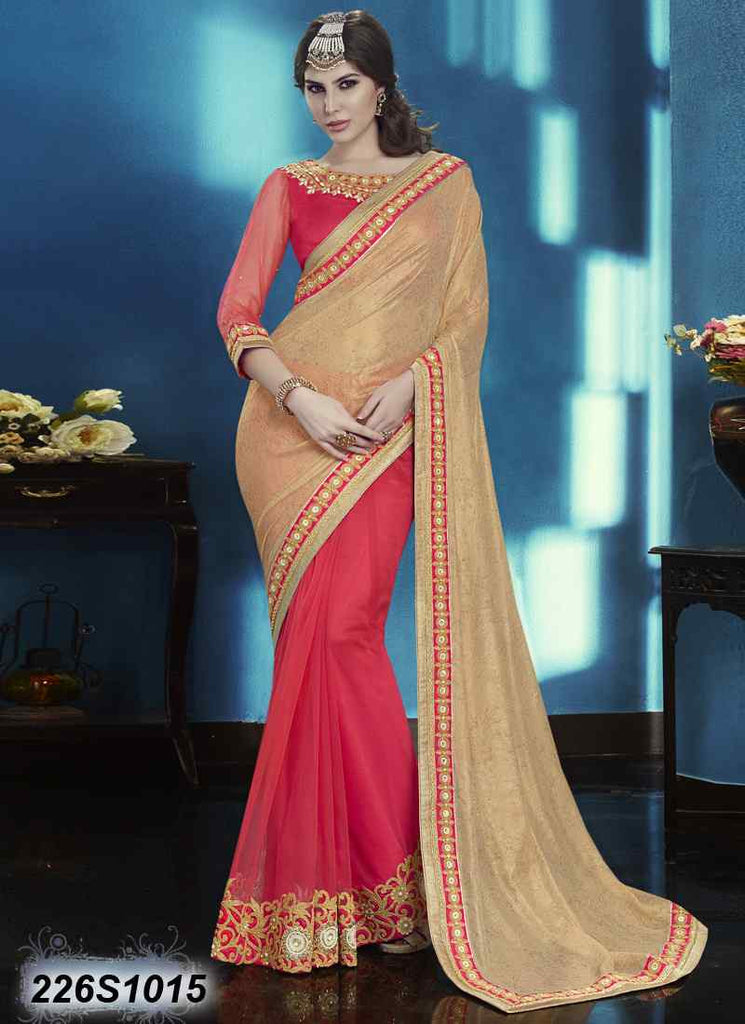 Beige & Pink Net Sarees Get Extra 10% Discount on All Prepaid Transaction