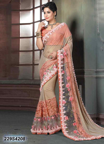 Beige & Peach Net Sarees