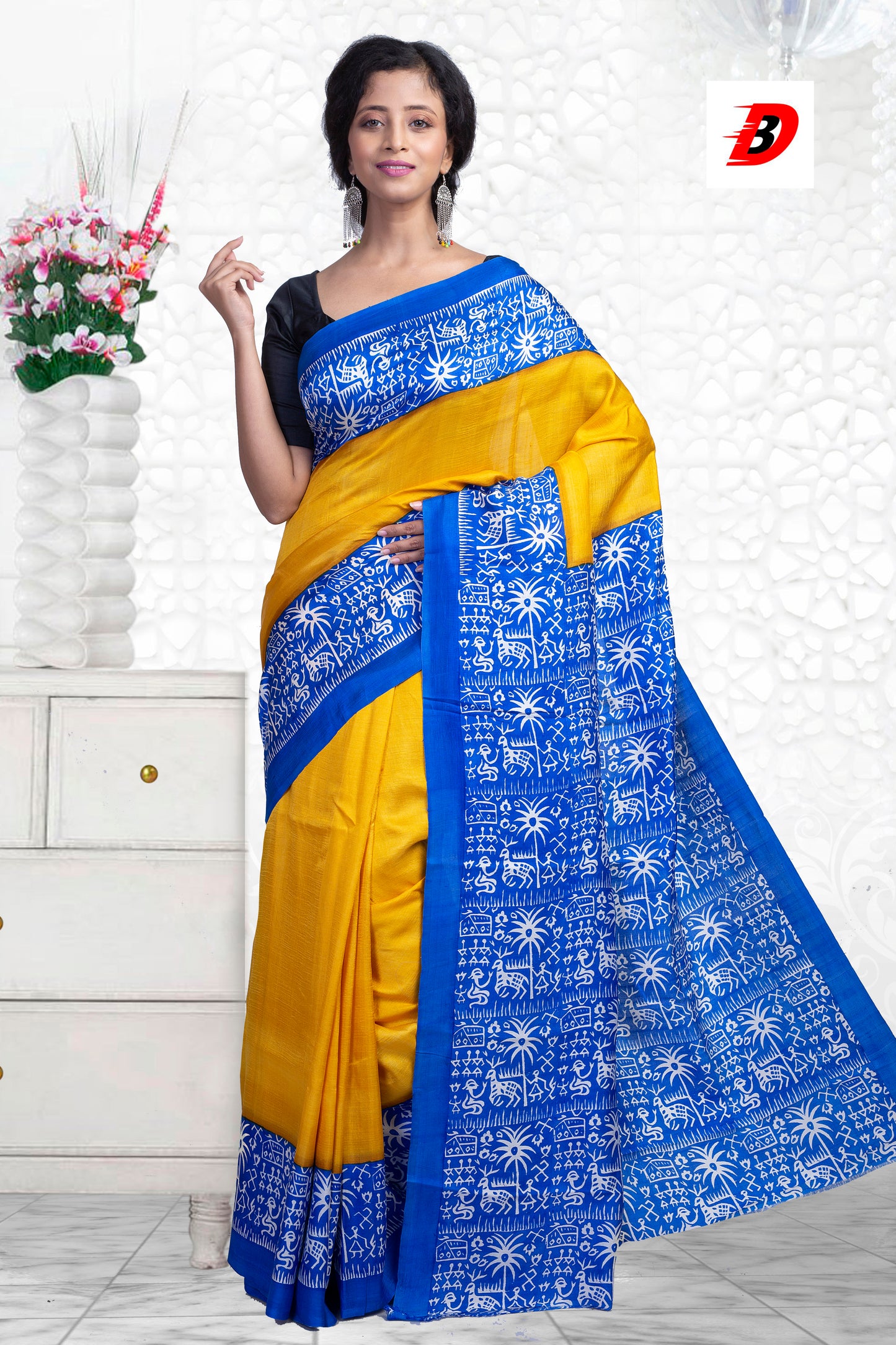 Yellow Blue Pure KK Block Printed Silk Mark Certified Bishnupuri Silk Sarees