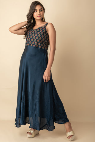 Navy Blue Silk Maxi Indo Western Wear Dress Get Extra 10% Discount on All Prepaid Transaction