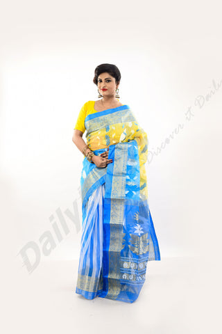 Blue Golden White Flower Dhakai Jamdani Sarees