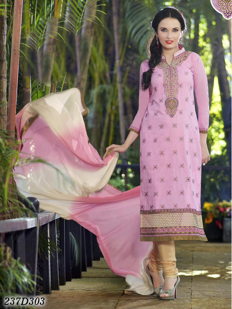 Baby Pink Cream Semi-Stitched Combric Cotton Salwar - Dailybuyys