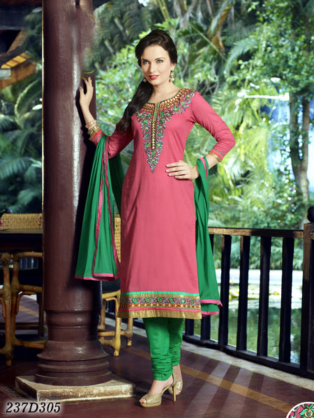 Pink Green Semi-Stitched Combric Pure Cotton Salwar
