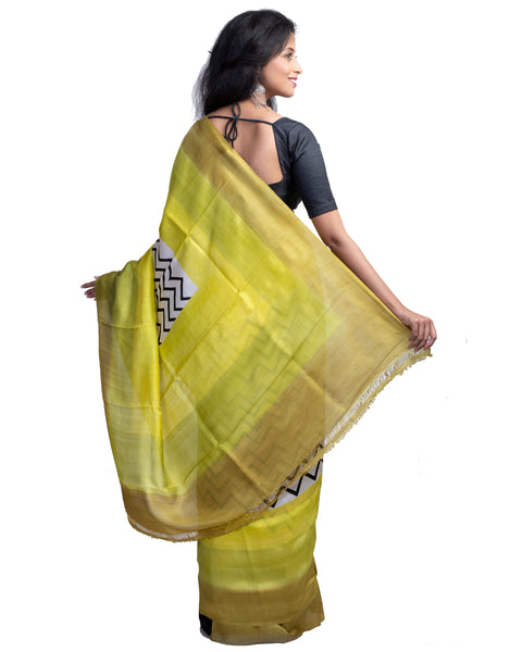 Yellow Block Printed Pure Silk Mark Certified Bishnupuri Silk Sarees