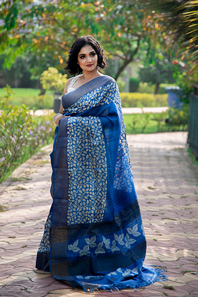 Blue Block Printed Zari Border Pure Silk Mark Certified Tussar Silk Sarees