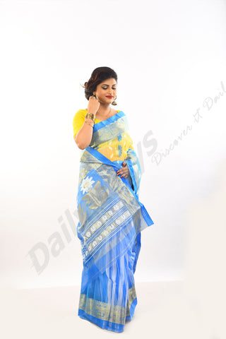 Blue Golden White Flower Dhakai Jamdani Sarees