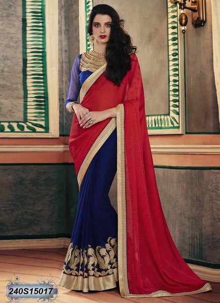 Navy Blue & Red Georgette Sarees
