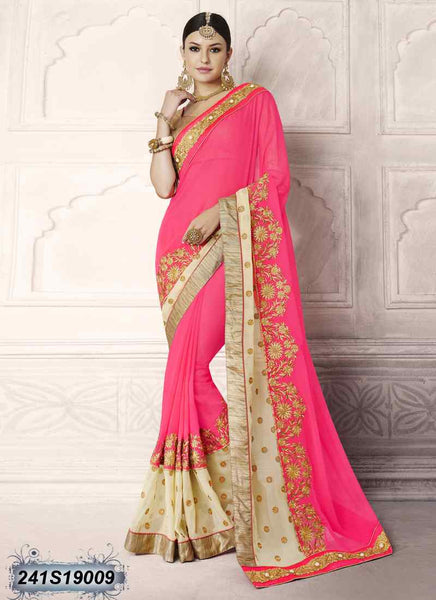Pink & Off White Georgette Sarees