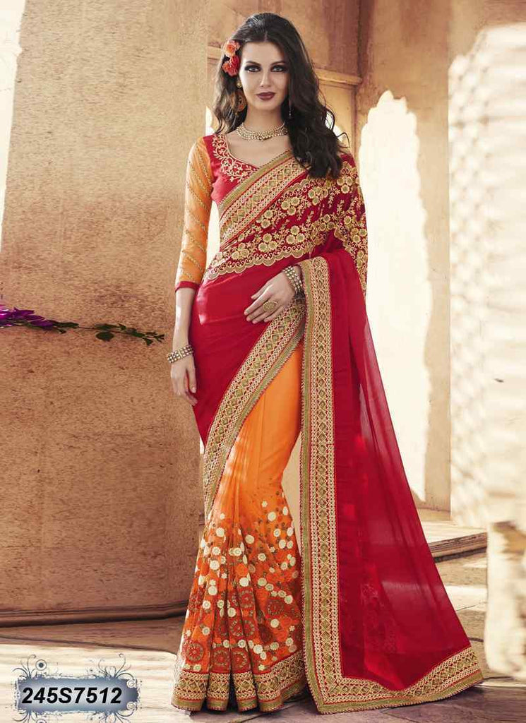 Red & Orange Net Sarees Get Extra 10% Discount on All Prepaid Transaction