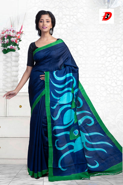 Blue Hand Printed Pure Silk Mark Certified Bishnupuri Silk Sarees