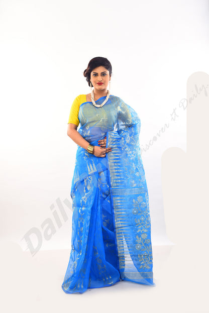 Blue Golden Dhakai Jamdani Sarees