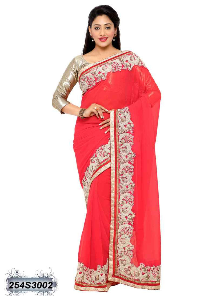 Peach & Red Georgette Sarees