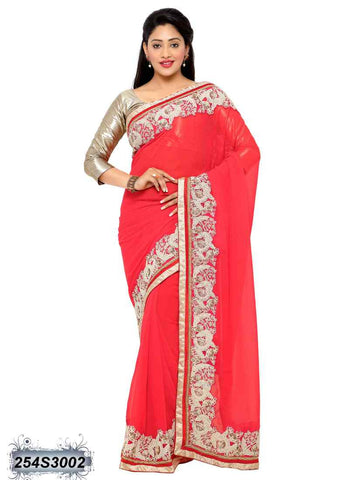 Peach & Red Georgette Sarees