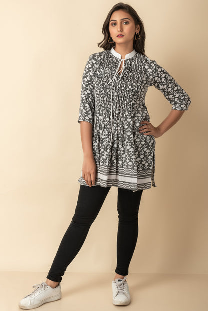 Grey hand block print short cotton kurtis