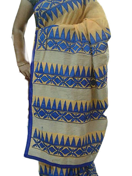 Blue & Beige Embroidery Applique Stitch Kathiawari Sarees