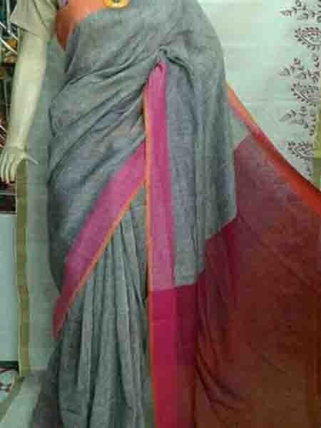Grey & Red Bengal Handloom Pure Linen Sarees