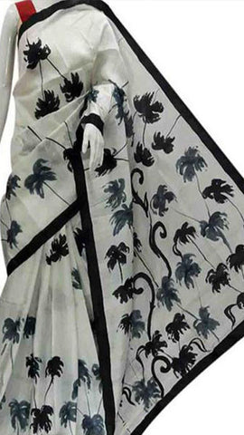 Black & Beige Block Printed Silk Mark Certified Bishnupuri Silk Sarees