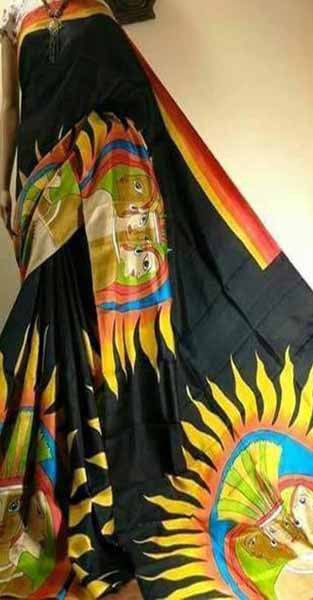 Black Hand Painted Pure Silk Mark Certified Bishnupuri Silk Sarees - Dailybuyys