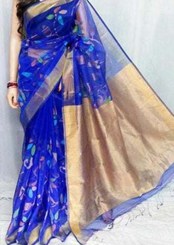 Blue Bangladesi Silk Mark Certified Muslin Resom Silk Sarees