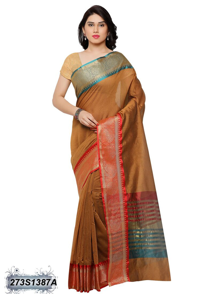 Brown Poly Pure Cotton Sarees