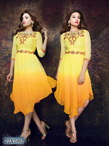 Yellow Georgette Embroidered Kurtis