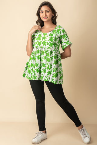 Green Hand Block Printed side slit Indo Western  wear peasant top Get Extra 10% Discount on All Prepaid Transaction