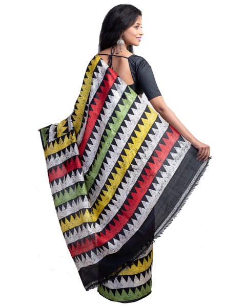 Beige Block Batik Printed Pure Silk Mark Certified Bishnupuri Silk Sarees