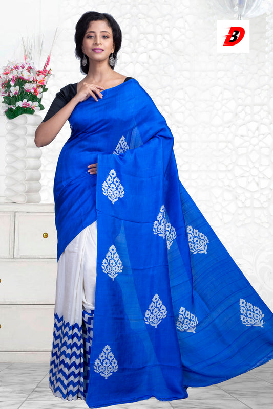 Blue Block Printed Pure Silk Mark Certified Bishnupuri Silk Sarees