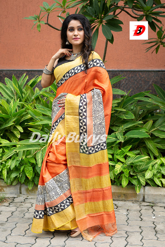 Orange Yellow Block Printed Zari Border Pure Silk Mark Certified Tussar Silk Sarees